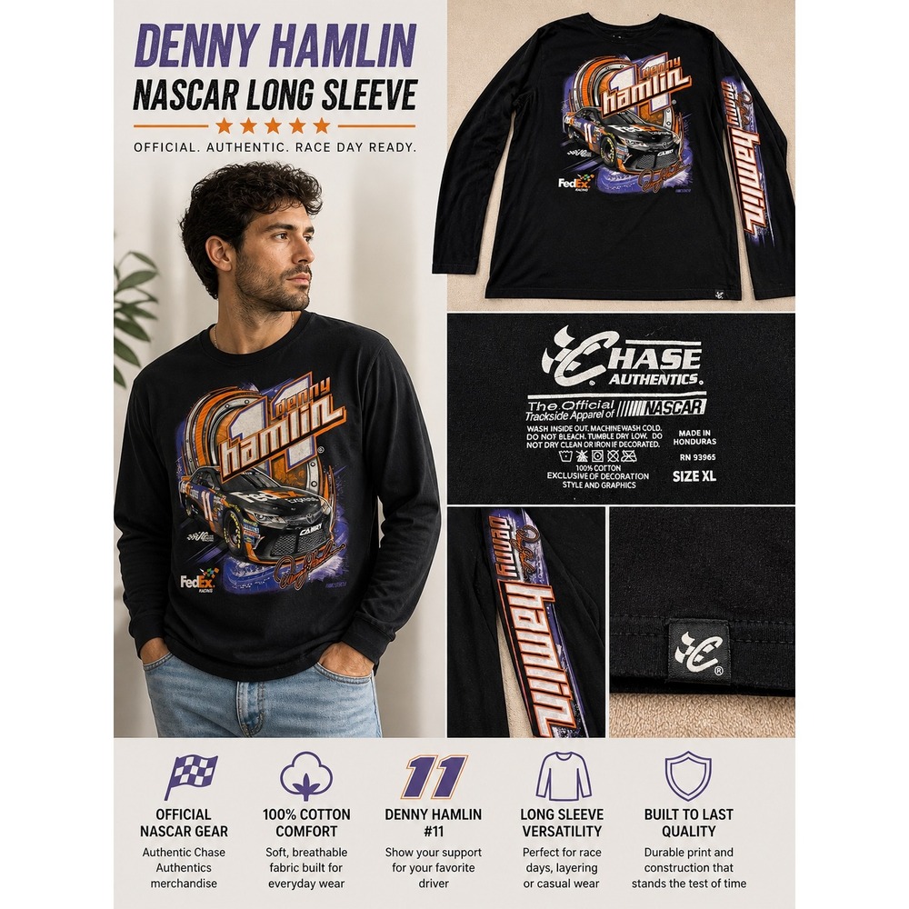 Chase Authentics Denny Hamlin #11 FedEx NASCAR Graphic Tee Y2K Racing SZ XL